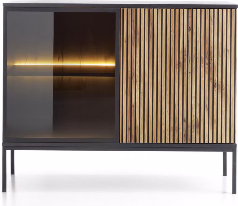 Comodino moderno e stretto con frontale a coste, dimensioni 104x83x39 cm