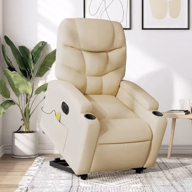 Poltrona Alzapersona Elettrica con Massaggio vidaXL, Colore Beige in Tessuto con Braccioli