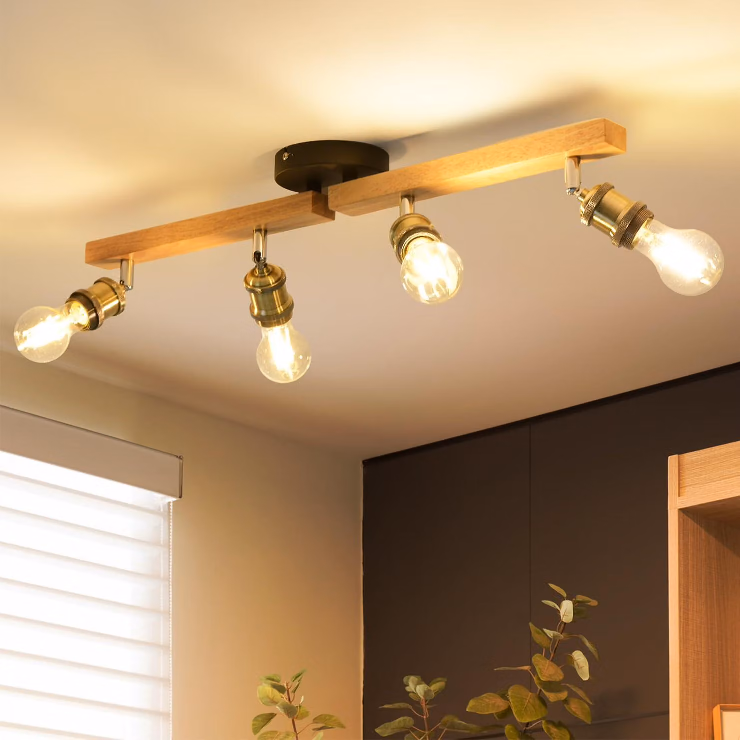 ANWIO Lampada a soffitto in legno, 4 luci, attacco E27, stile vintage, faretto a soffitto LED con 4 luci, orientabile, lampada da soffitto rustica in legno, faretto da parete per soggiorno, camera da letto, cucina