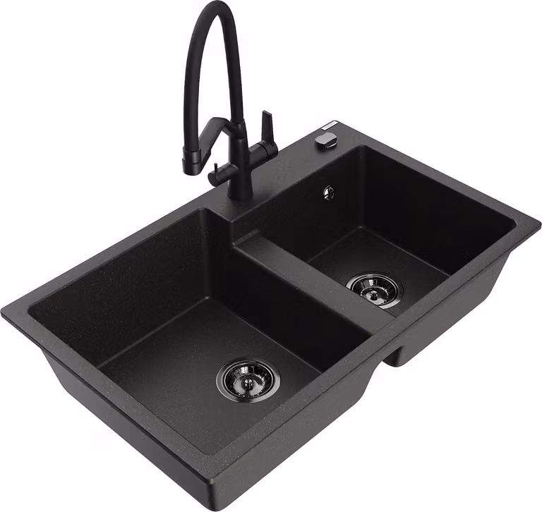 Mexen Tomas lavello in granito a 2 vasche con rubinetto da cucina Duo, nero/oro metallico - 6516-75-671701-70-B