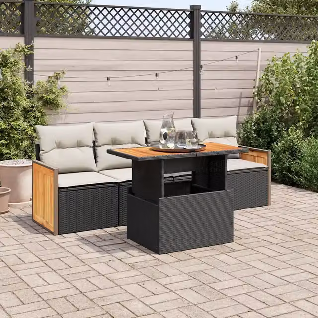 Set Divani da Giardino 5 pz con Cuscini Nero Polyrattan Acacia 3327654
