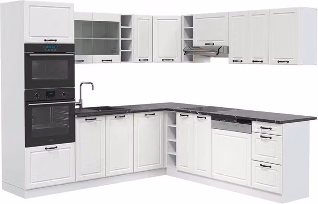 Cucina angolare completa R-Line Vicco Bianco rustico con piano Antracite, L: 247 cm, P: 237 cm – 1