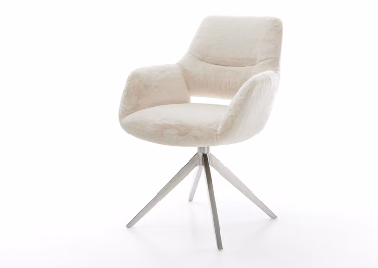 Sedia girevole DELIFE Yago-Flex con braccioli, rivestita in tessuto effetto peluche, colore crema-bianco, struttura a croce in acciaio inossidabile, rotazione a 360°, funzione basculante, imbottitura in molle insacchettate