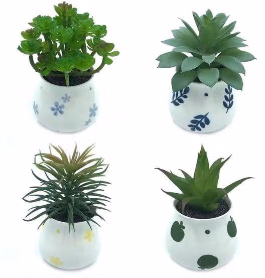Set di piante artificiali in vasi di Vetroceramica, decorati a mano, 4 pezzi, soggiorno, bagno, ufficio
