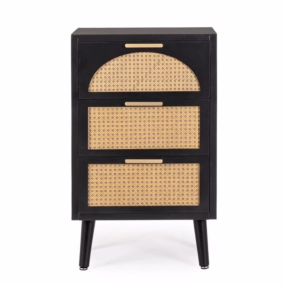 Cassettiera JOSINE in legno e rattan stile boho nero con 3 cassetti L: 45 cm – 2