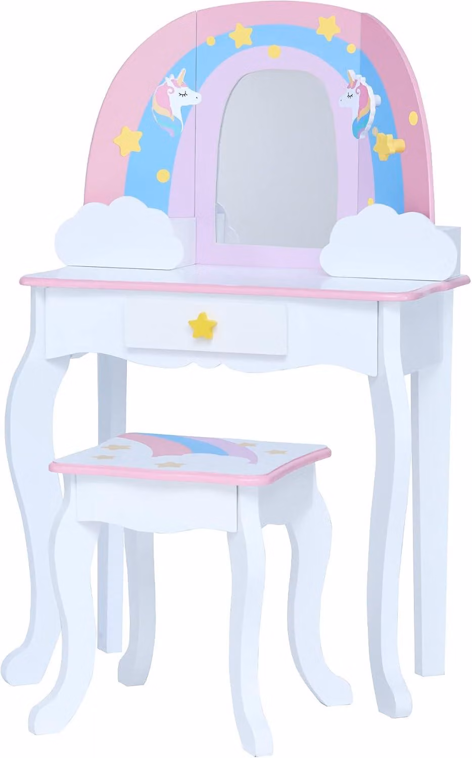 Tavolino da trucco Teamson Kids in legno per bambini – Set tavolo e sedia – Rosa/Arcobaleno | Specchio con cornice a forma di arcobaleno, contenitore a forma di nuvola