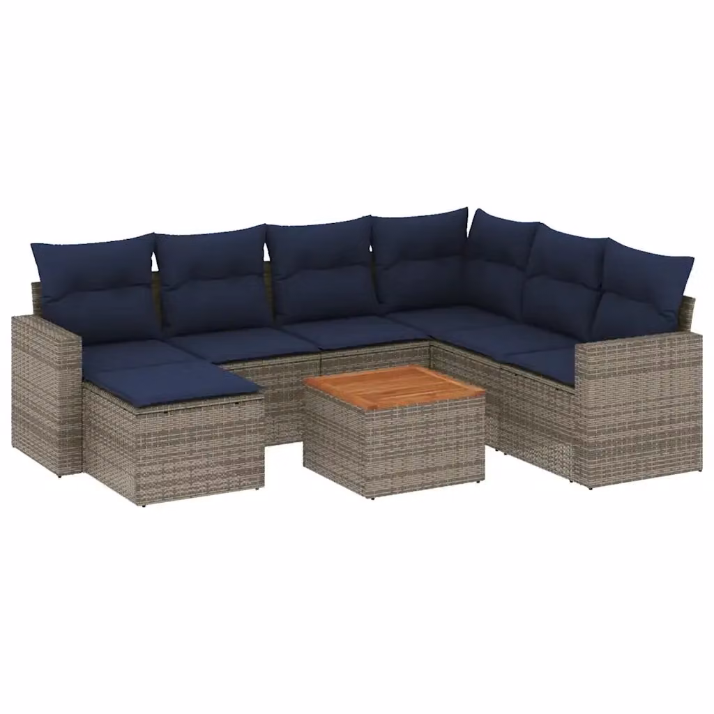 Set da giardino moderno vidaXL composto da 8 pezzi con divani angolari, pouf e tavolino in rattan con cuscini blu e grigi – 2