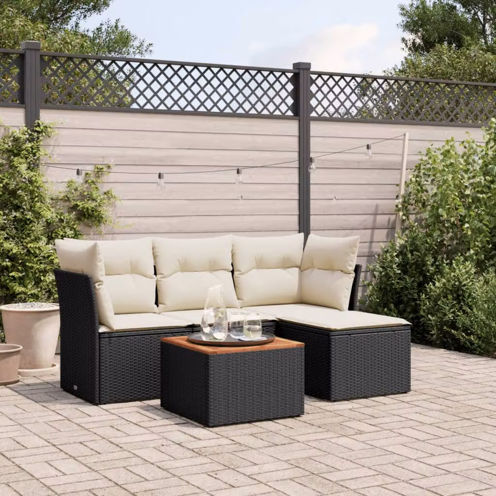 Set di Divani da Giardino vidaXL 5 Pezzi in Polyrattan con Cuscini e Tavolino da Esterno L-Shape Nero – 1