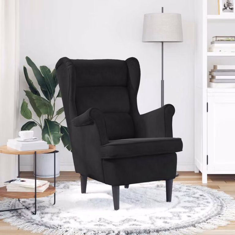 Poltrona relax moderna vidaXL in velluto nero con braccioli e struttura in legno