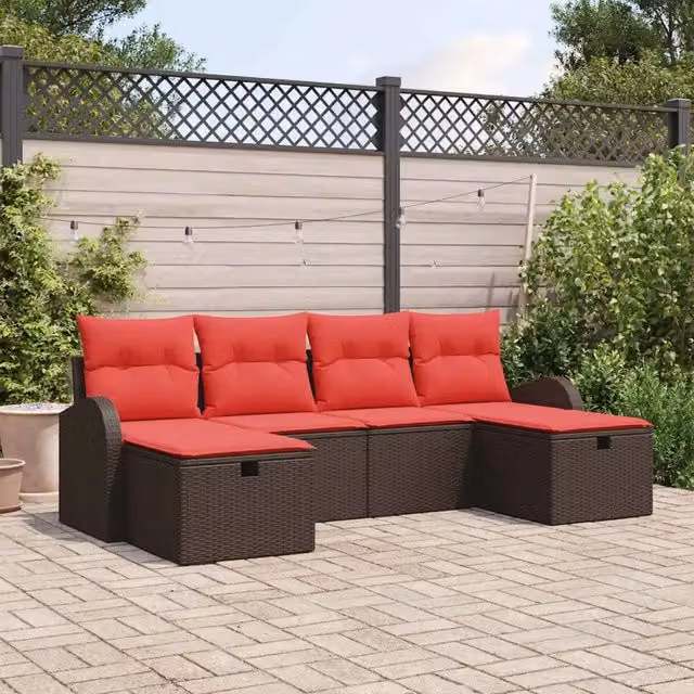 Set di divani 6 pz 6-Numero di posti Marrone e Rosso polyrattan 3359123