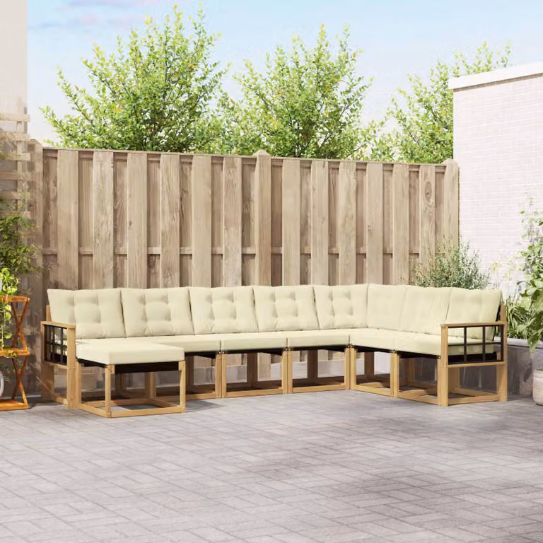 vidaXL Set di divani da esterno a L in legno di acacia con cuscini, Bianco, Beige e Marrone