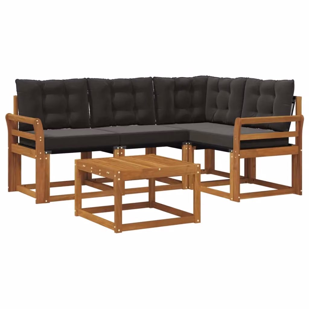 Set di divani da esterno a L vidaXL in legno di acacia con tavolo da caffè e cuscini, marrone e nero – 2