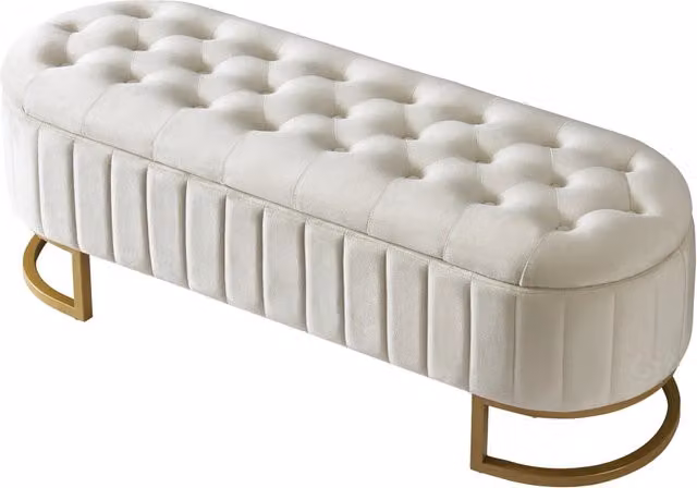 Panca contenitore imbottita 120x39;9x43 cm in velluto con gambe in metallo; beige