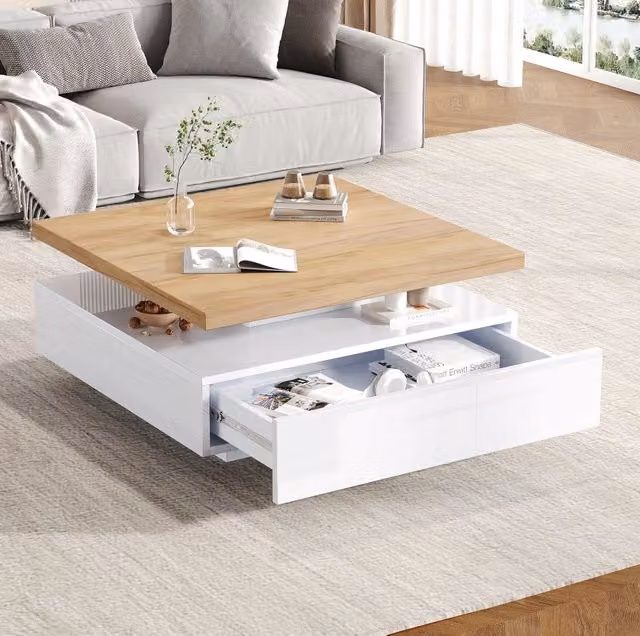 Tavolino quadrato multifunzionale con piano girevole a 360°, struttura in truciolato noce e finitura bianco lucido, 70x70x36 cm