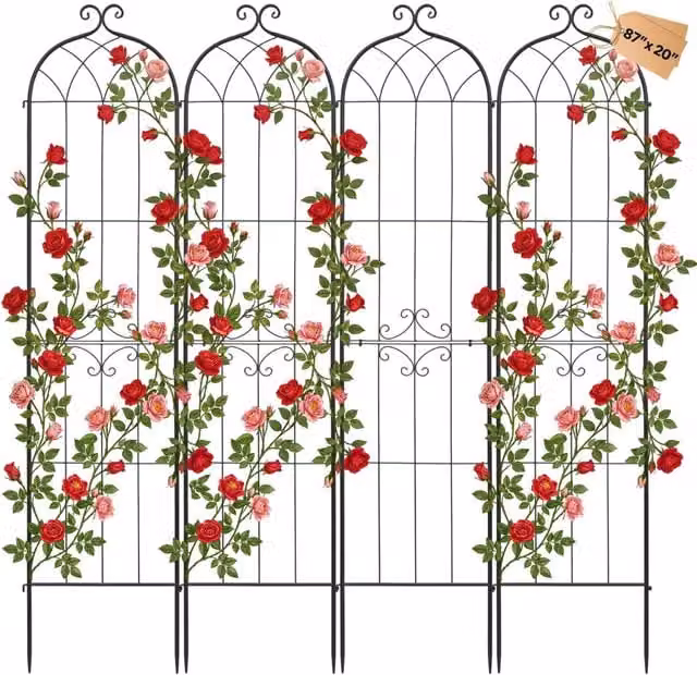 Tralicci da Giardino per Piante Rampicanti in Acciaio Nero, Set 4 Pezzi 220x52,5 cm, Griglie di Sostegno Resistenti per Fiori e Aiuole