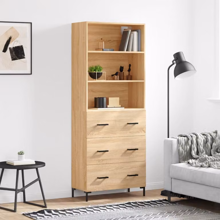 Credenza moderna vidaXL in rovere color marrone con ripiani interni e cassetti, L: 69,5 cm, P: 34 cm, H: 180 cm