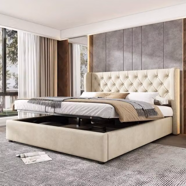 Letto matrimoniale Chesterfield WISHDOR in velluto beige con contenitore e rete a doghe L/P/H: 180 x 200 x 107 cm