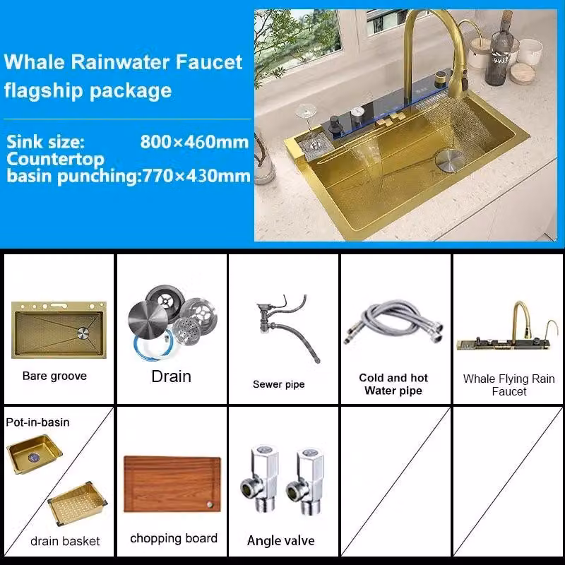 Lavello da cucina in acciaio inossidabile con design a cascata, color oro, dimensioni 100x50 cm, con display digitale