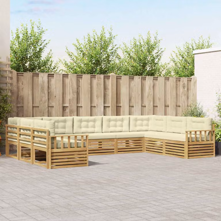 Set di divani da esterno vidaXL a forma di L in legno di acacia con cuscini, Bianco e Beige