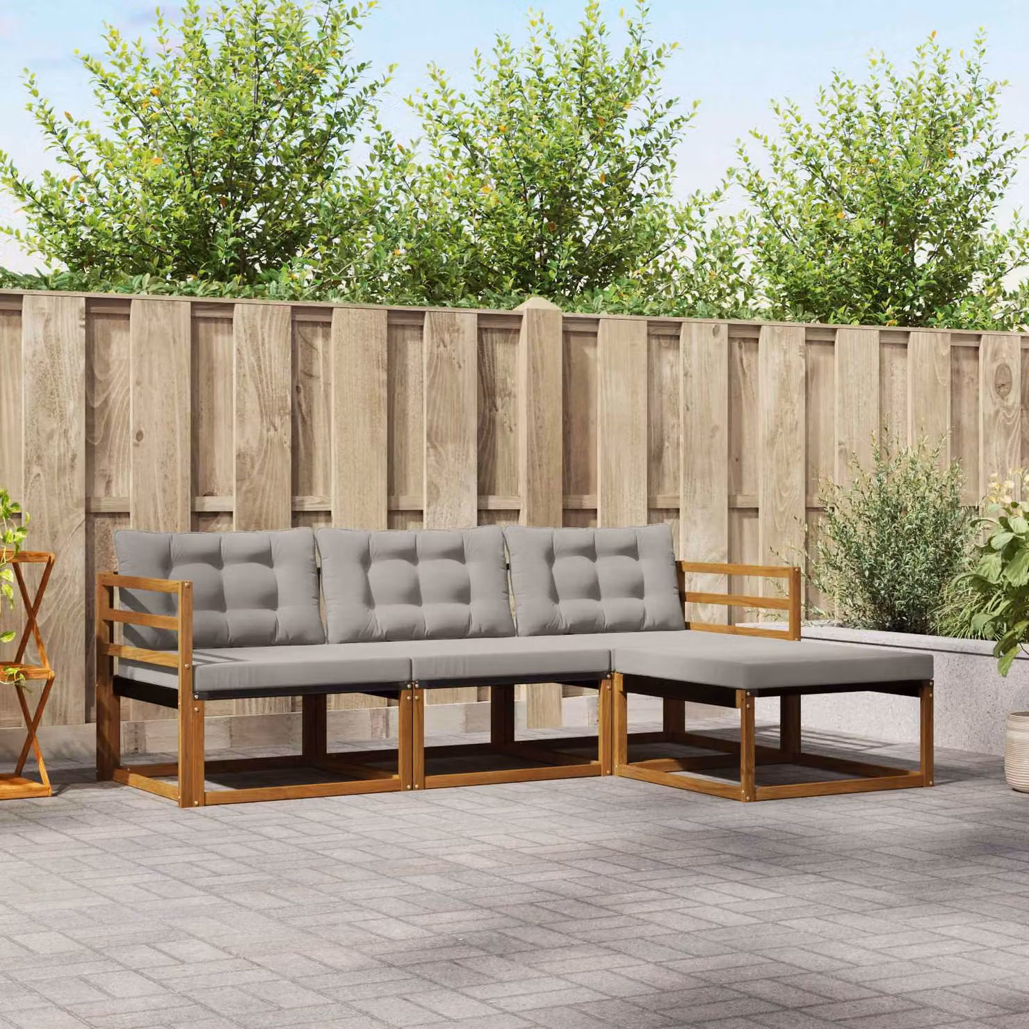 vidaXL Set di divani da esterno a L composto da 4 pezzi in legno di acacia con cuscini in tessuto beige e grigio