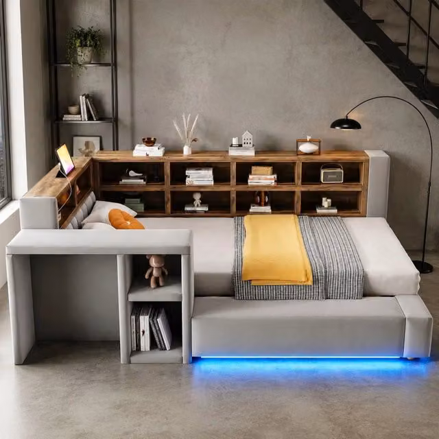 Letto imbottito ULEVR 90x200 cm con LED, prese integrate, vani a giorno e tavolino laterale, velluto grigio scuro