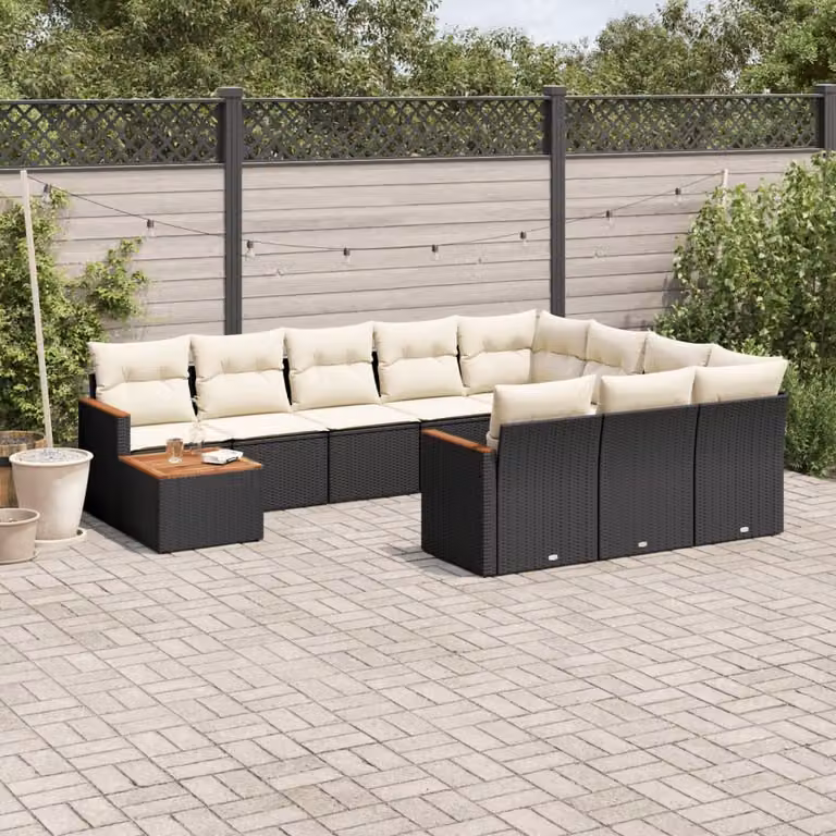 vidaXL Set Divani da Giardino 11 pz in Polyrattan con Cuscini e Tavolino, Design Moderno a U, Nero e Bianco