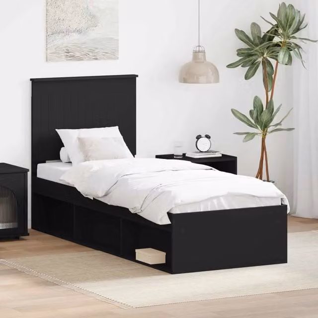 Letto con testiera vidaXL in pino massello nero L/P/H: 190 x 80 x 78 cm