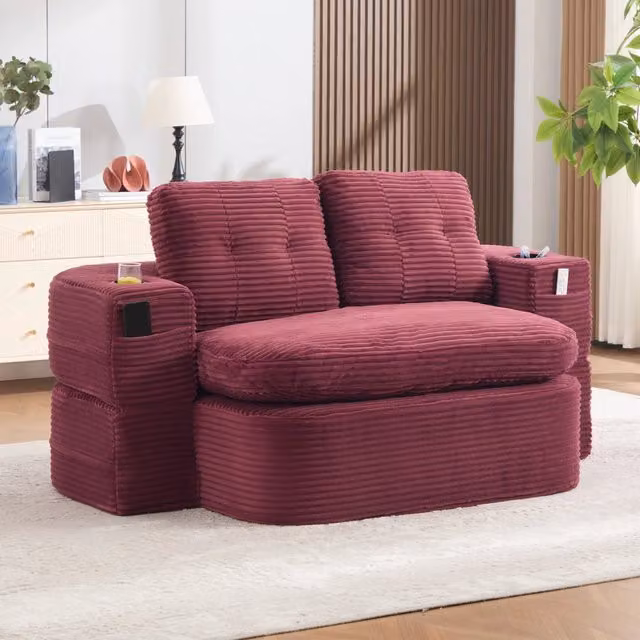 Divano convertibile 2 in 1 in velluto a coste; poltrona letto con funzione letto; braccioli regolabili; portabicchieri integrati; rosso