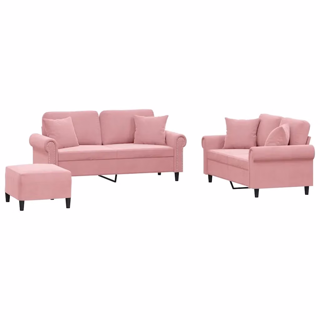 Set di divani L vidaXL in velluto rosa con cuscini per soggiorno in stile moderno – 2