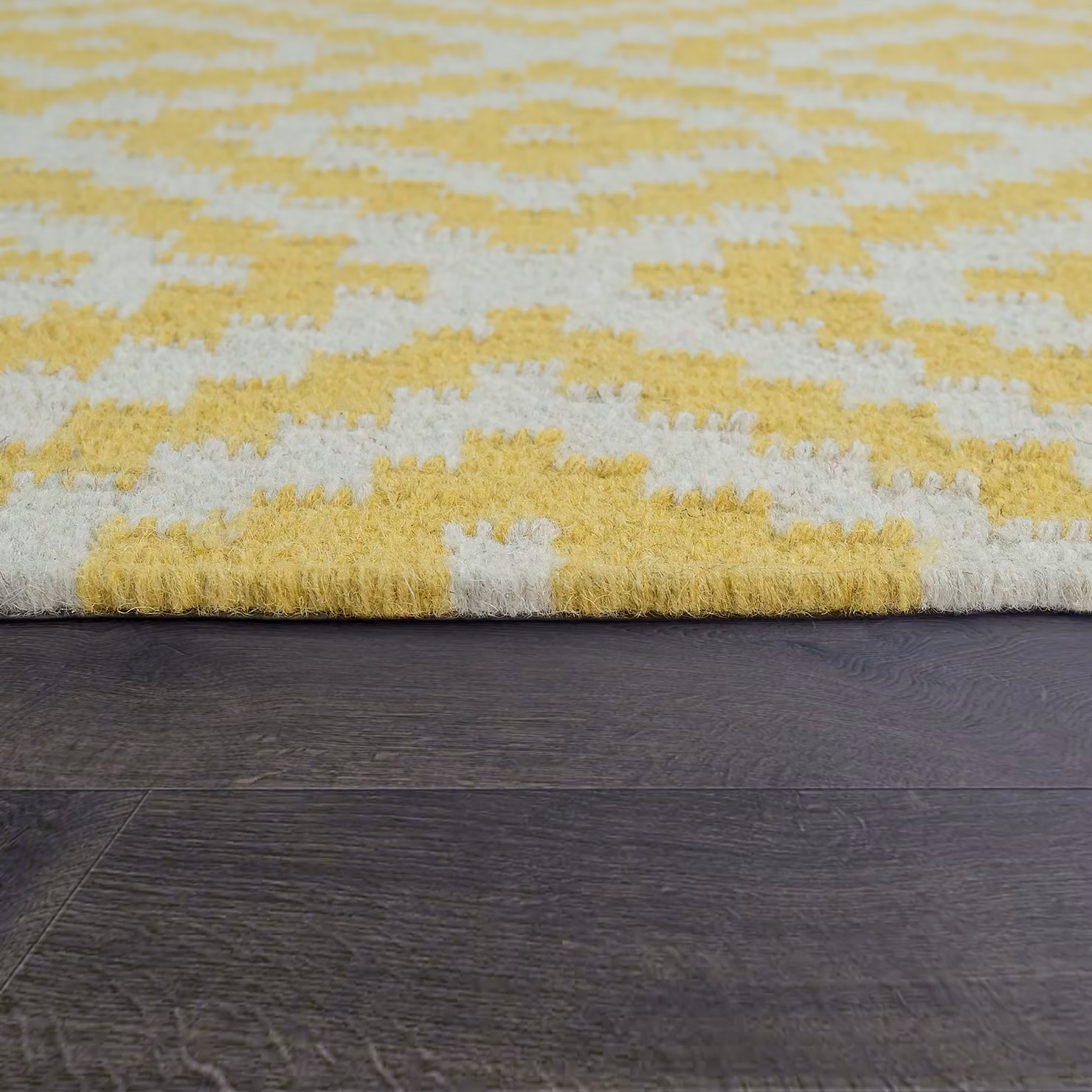 Tappeto Kenolia in lana e cotone giallo e bianco con frange, stile marocchino e scandinavo, L: 160 cm, P: 230 cm – 2