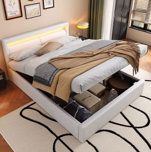 Letto imbottito 140x200 cm con rete a doghe, contenitore e testiera illuminata a LED in ecopelle bianca