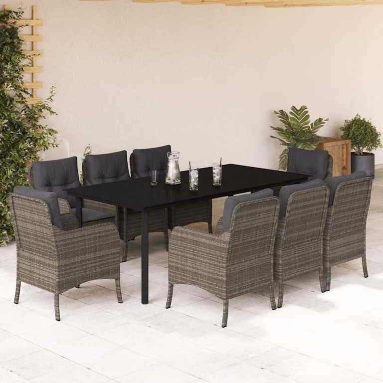 Set da pranzo da giardino vidaXL in polyrattan grigio con cuscini e piano in vetro per 9 persone
