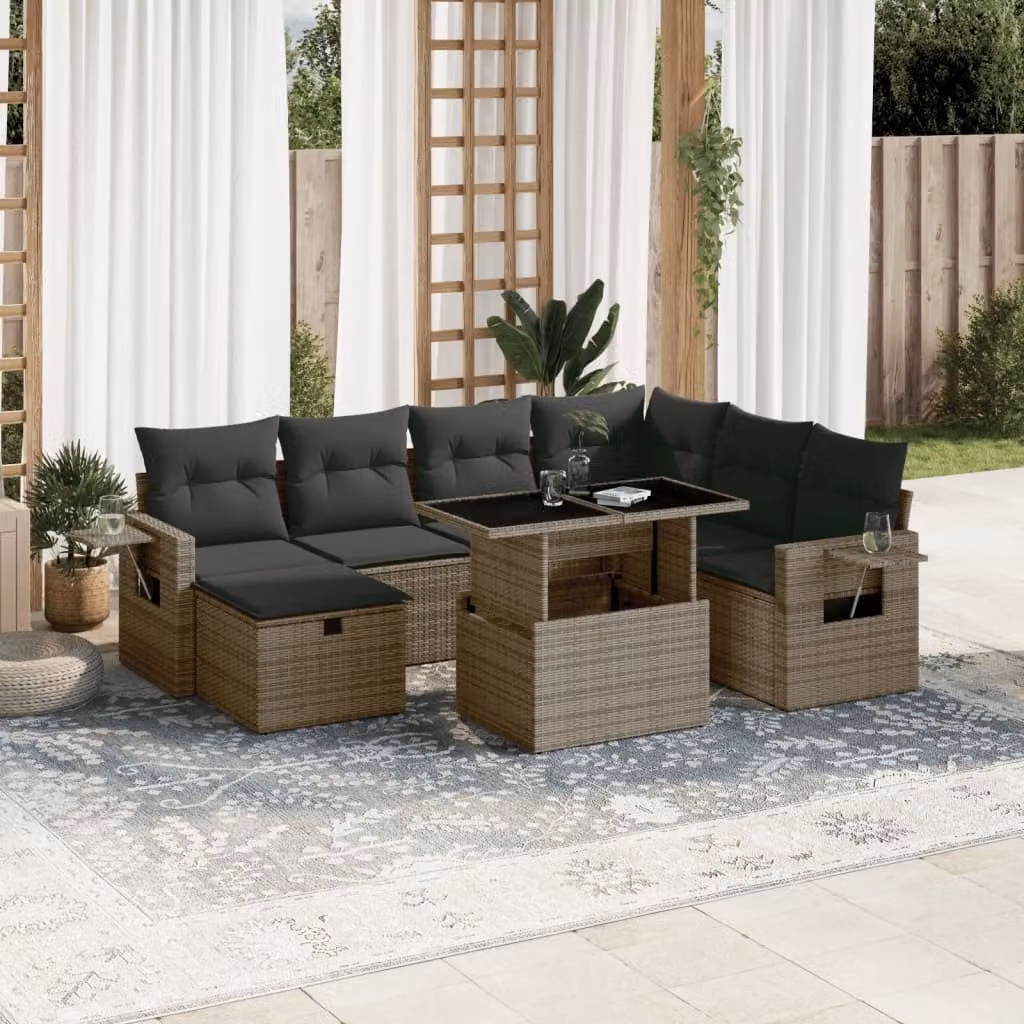 vidaXL Set Divano da Giardino a L 8 pz in Polyrattan Grigio con Cuscini e Tavolino – 1