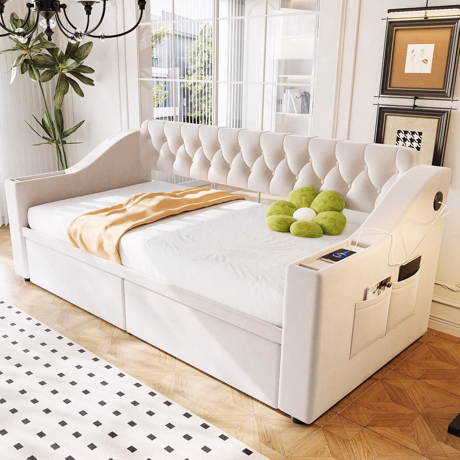 Divano letto LVHOM con rete a doghe 90x190 cm, divano letto in velluto con contenitore e porta USB, divano letto imbottito con cassetti e vani portaoggetti nei braccioli, beige
