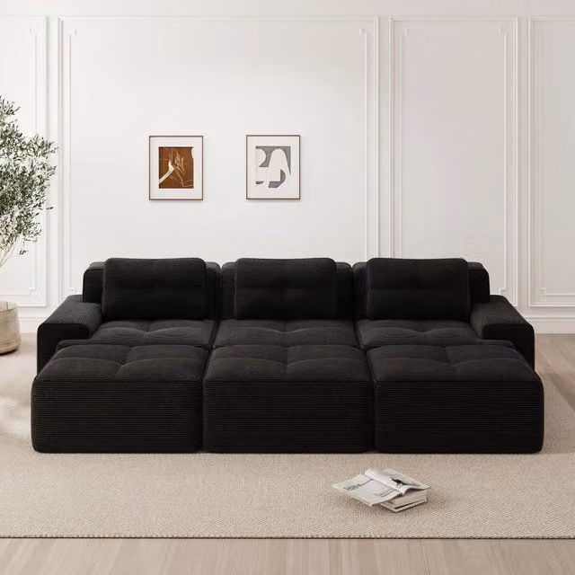 Divano angolare modulare OKWISH in velluto a coste nero con funzione letto e design moderno