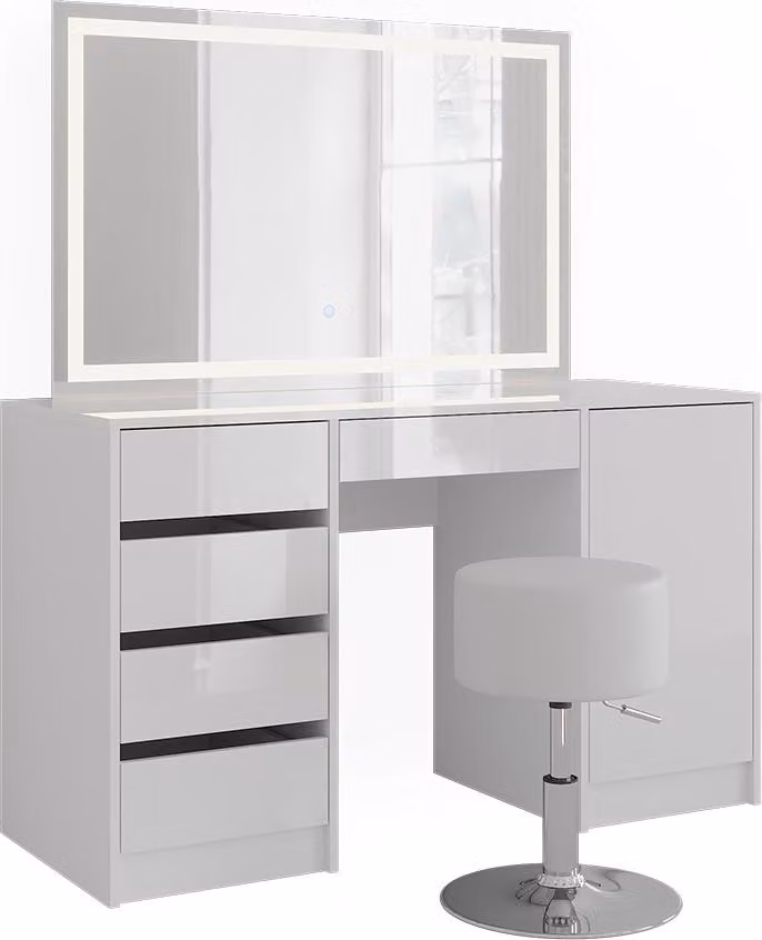 Tavolo da toeletta Vicco Sherry Bianco/Bianco lucido 128.2 cm con specchio LED e sgabello, Model 57642