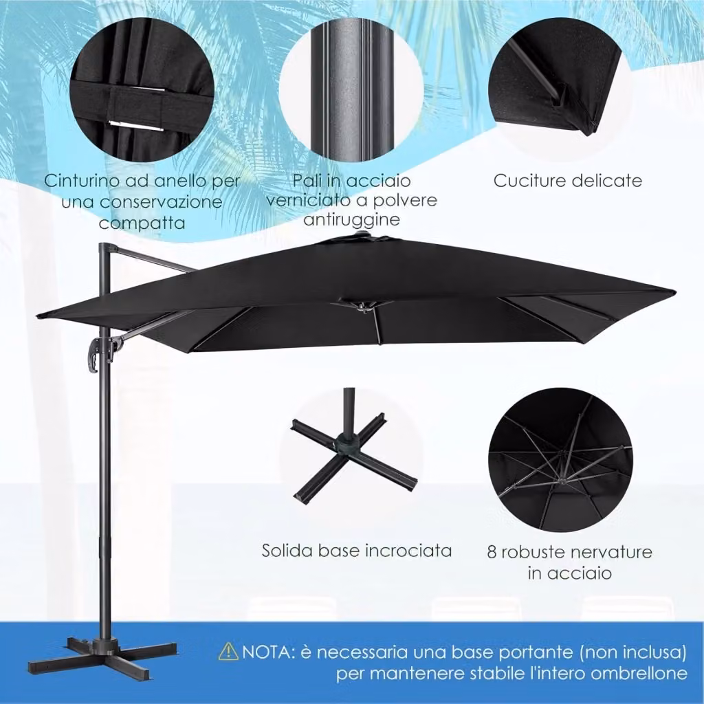 Costway Ombrellone da Esterno con Rotazione a 360° e 3 Inclinazioni, Struttura in Acciaio e Copertura in Poliestere, Nero, L: 300 cm – 2