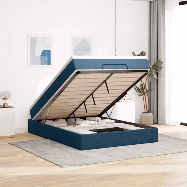 Letto con contenitore a sollevamento vidaXL in velluto blu e bianco con materasso, L: 140 cm, P: 200 cm, H: 203 cm – 1