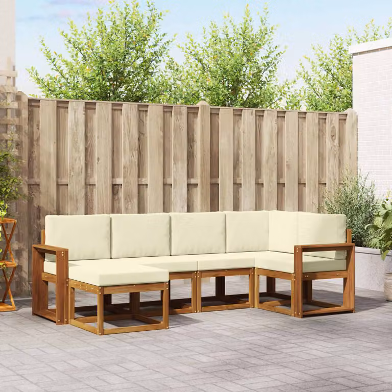 vidaXL Set di divani da esterno a L composto da 6 pezzi in legno di acacia con cuscini, colori beige, bianco e marrone