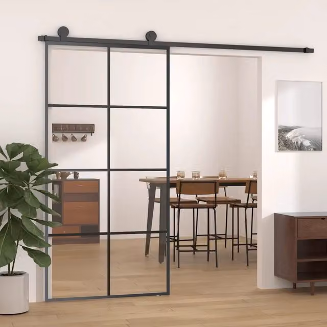Porta Scorrevole Moderna vidaXL in Vetro e Alluminio, Colore Nero, L: 102,5 cm, H: 205 cm