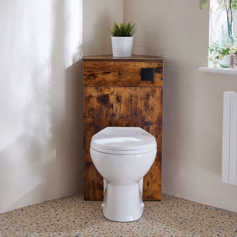 Unità WC Angolare in Rovere Scuro con Sanitario a Filo Muro Select e Pulsante di Scarico Nero - Cluo