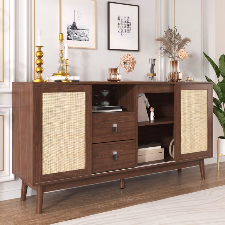 Cassettiera AIORBER, ampio spazio, rattan, 3 ante scorrevoli, 2 cassetti, traspirante, stabile, credenza, per sala da pranzo, soggiorno, 155x38x80cm, marrone
