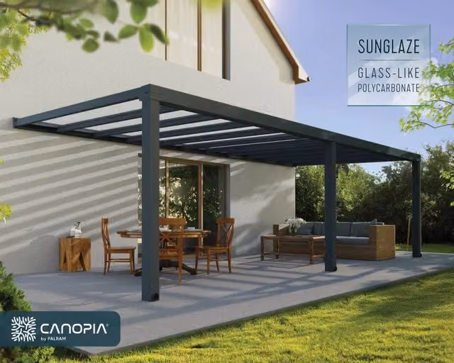 Pergola addossata in alluminio CANOPIA Premium Stockholm antracite con copertura in policarbonato trasparente L: 8 m, P: 3,4 m