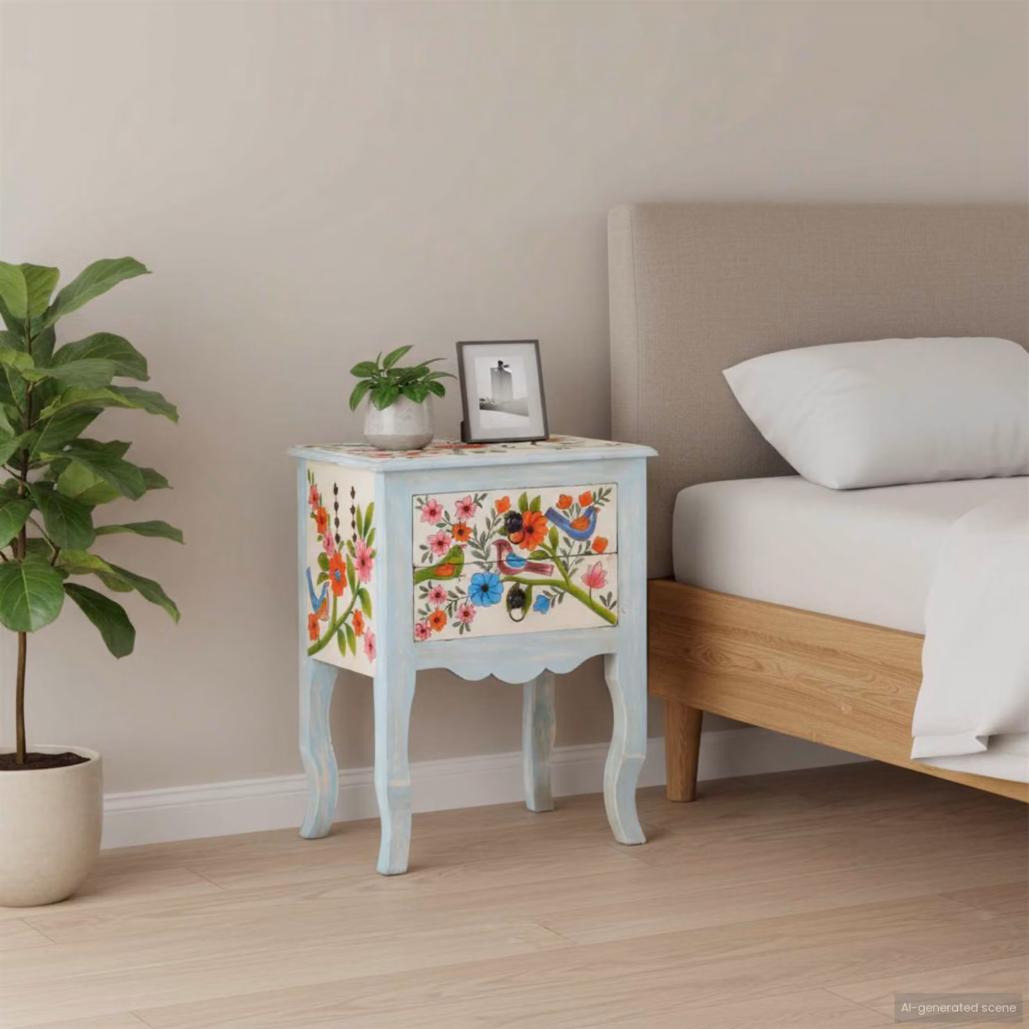 vidaXL Comodino in Legno di Mango con Decorazione Floreale Multicolore e Stile Shabby Chic L: 40 cm, P: 30 cm, H: 50 cm