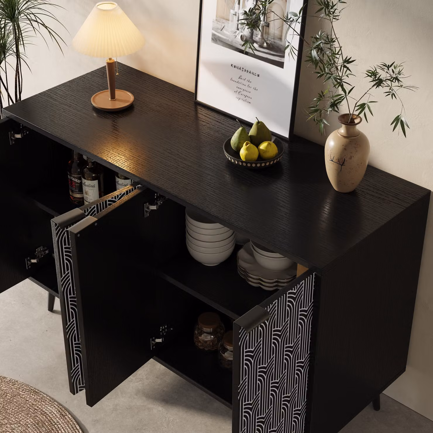 STILVORA 120×35×78 cm Credenza da soggiorno, mobile con spazio contenitivo, credenza da sala da pranzo nera con rivestimento anti