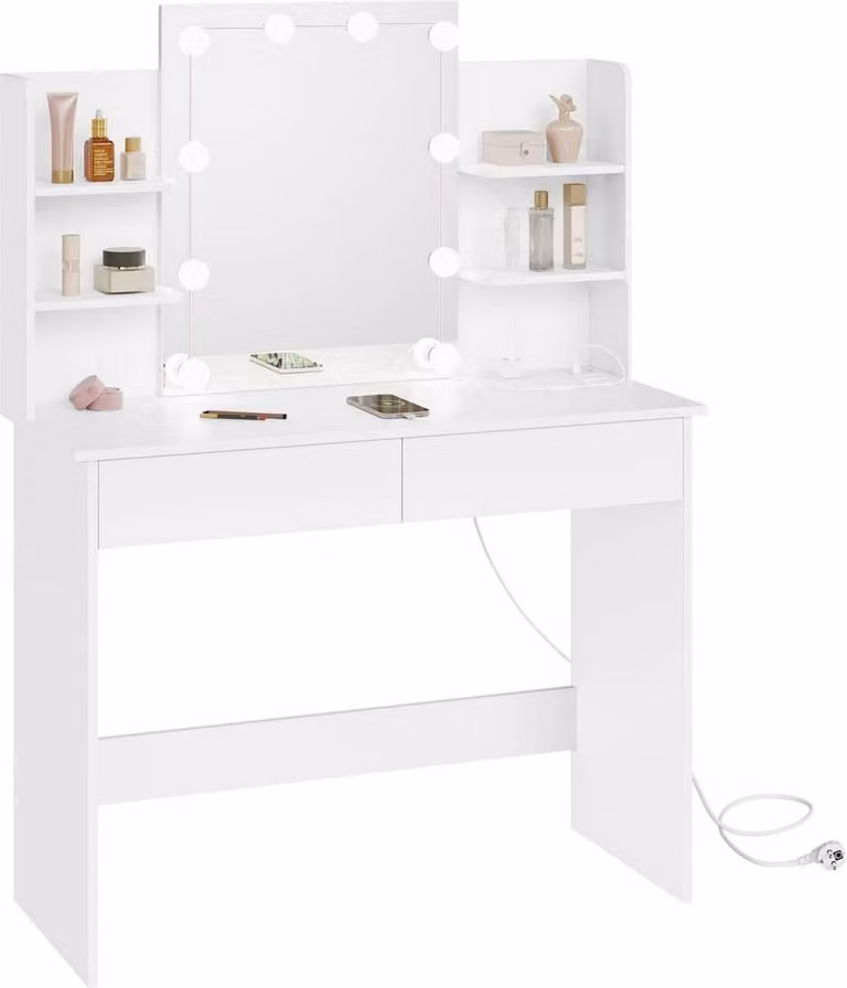 WOLTU Tavolino da toilette con illuminazione LED, prese di corrente, specchio, 2 cassetti, bianco