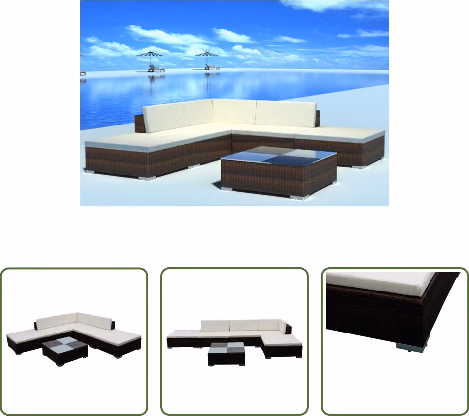The Living Store Set da giardino da 6 pezzi con cuscini in poly rattan marrone