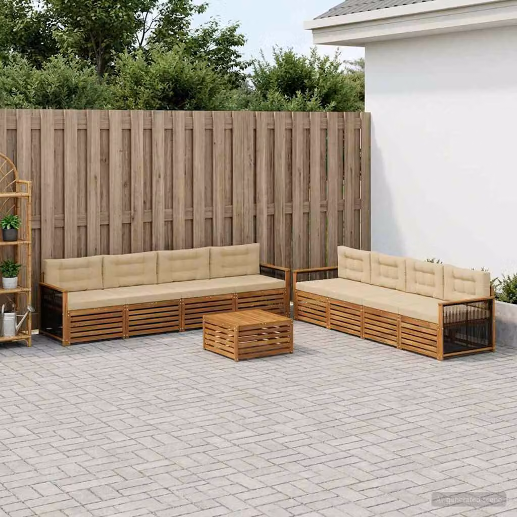 vidaXL Set di divani da esterno 9 pz in legno di acacia con cuscini Beige e Marrone
