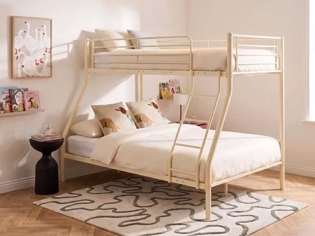 Letto a castello letto singolo sopra letto matrimoniale piccolo, camera da letto per bambini, letto a soppalco alto, struttura in acciaio, beige, 90/120x200cm