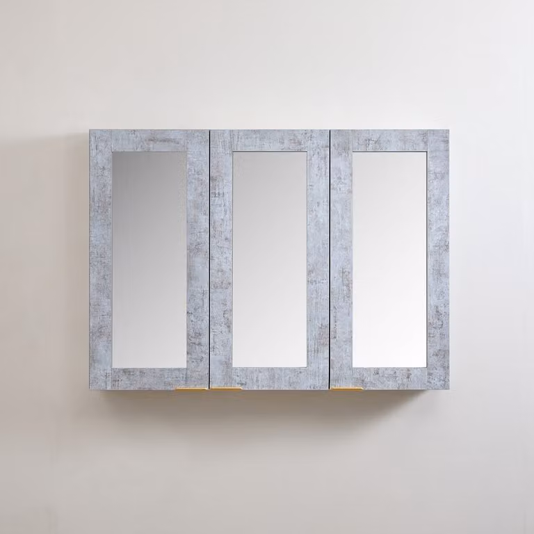 Mobiletto a Specchio da 600mm x 650mm Grigio Cemento - Completo di Maniglie con Impugnature a Dito in Oro Satinato - Cluo